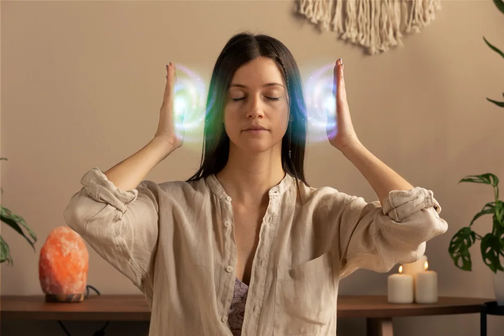 Reiki energy healing — universal life force flowing through practitioner hands